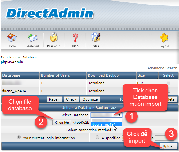 Để import database ta thao tác theo thứ tự như hình 