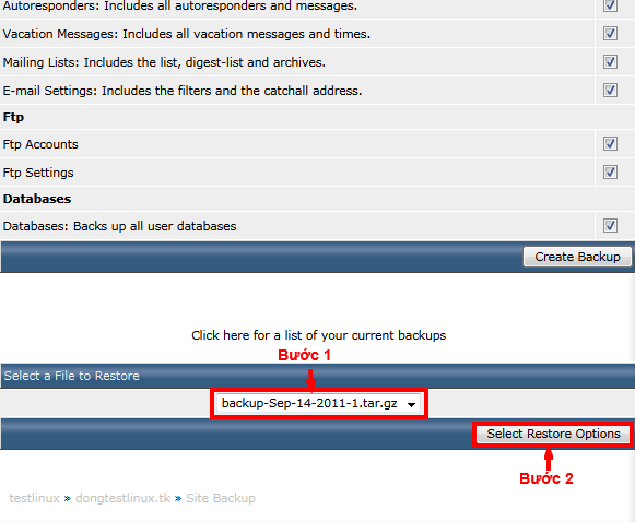 Bạn chú ý là phải create backup thì mới có restor
