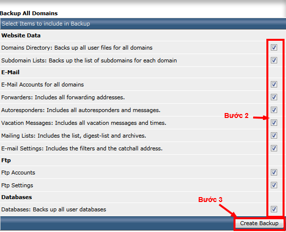 Lựa chọn các mục nào bạn cần backup, tick vào và chọn create backup