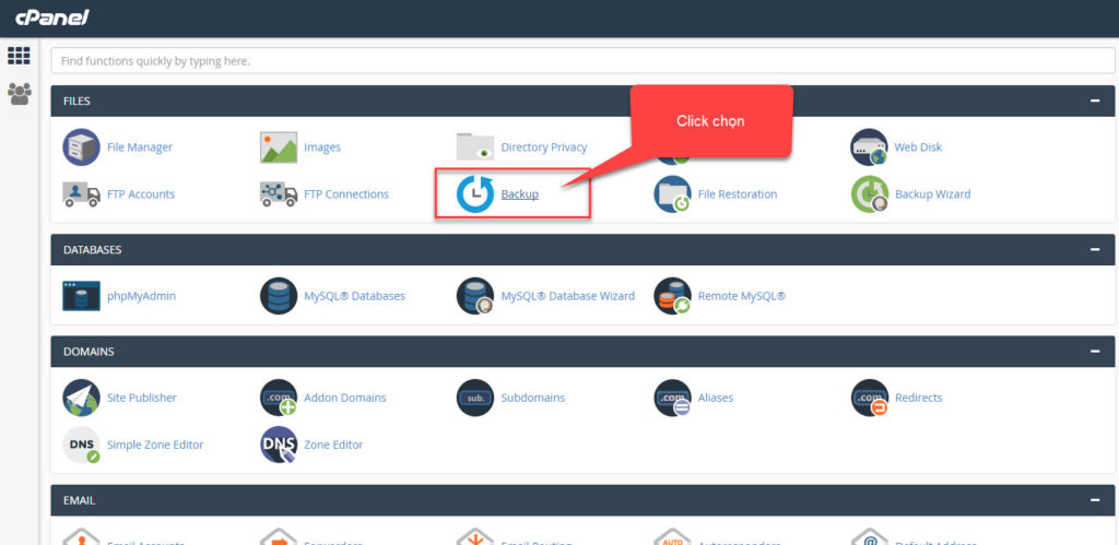 Đăng nhập vào quản trị hosting Cpanel sau đó click mục "Backup"