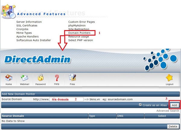 Cách Add domain, SubDomain và Domain Pointer