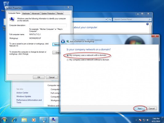 Click vào My company uses a network with a domain