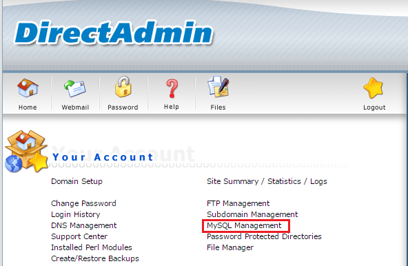 Chọn mục MySQL Management trong DirectAdmin