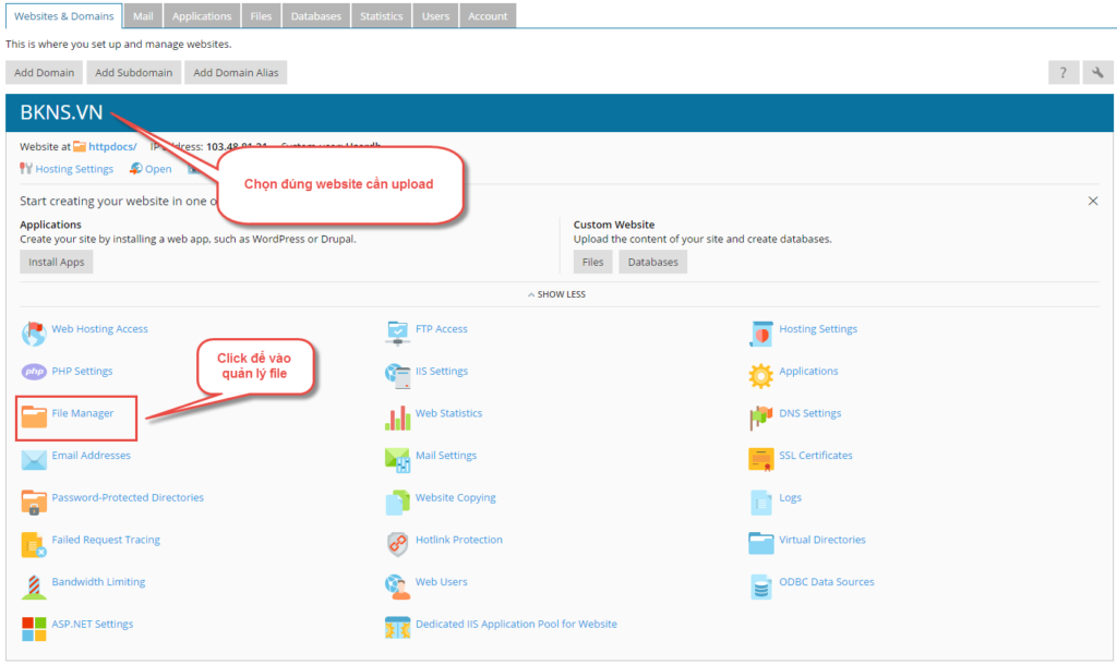 Tại giao diện hosting ta thao tác như trong hình