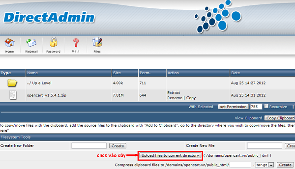 Truy cập vào hosting và click vào "Upload file to currents directory"