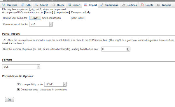 Chọn duyệt tới file database cần import lên và nhấn GO
