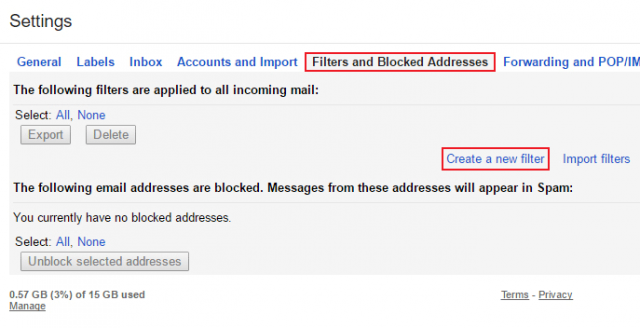 vào mục Filter and block addresses, tiếp theo chọn Create a new filter